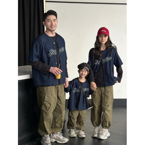 親子裝一家三口春秋復古美式五分袖牛仔馬甲洋氣百搭母子母女背心