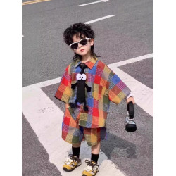 高級親子裝夏季襯衫一家三口純棉男女童兩件格子套裝炸街洋氣短袖