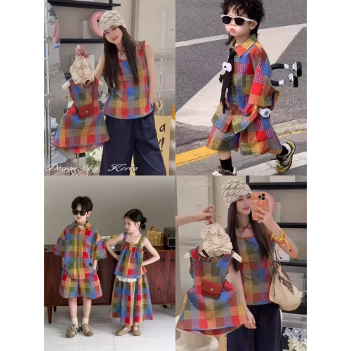 高級親子裝夏季襯衫一家三口純棉男女童兩件格子套裝炸街洋氣短袖