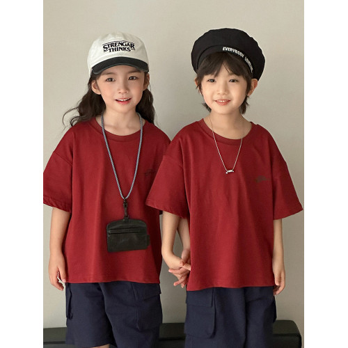 親子裝夏裝拍照一家三口四口2025新款棗紅色母子母女裝短袖t恤潮