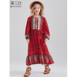 親子裝母女款過膝長裙度假風2025秋季大童裙子草原西藏兒童連衣裙