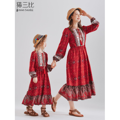 親子裝母女款過膝長裙度假風2025秋季大童裙子草原西藏兒童連衣裙