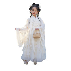 兒童漢服女童超仙宋製魏晉風米白色大童漢服古風親子裝演出春秋款
