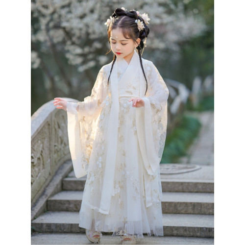 兒童漢服女童超仙宋製魏晉風米白色大童漢服古風親子裝演出春秋款