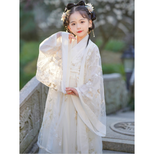 兒童漢服女童超仙宋製魏晉風米白色大童漢服古風親子裝演出春秋款