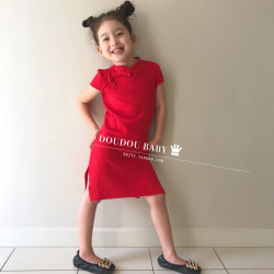 風兒童旗袍夏季女童冰絲復古連衣裙2025新款抓周嵗短袖親子裝