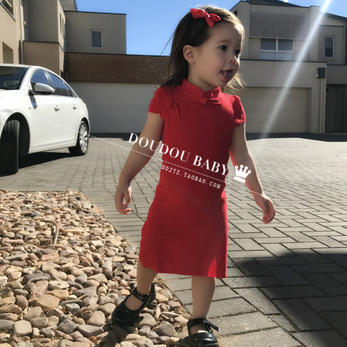 風兒童旗袍夏季女童冰絲復古連衣裙2025新款抓周嵗短袖親子裝