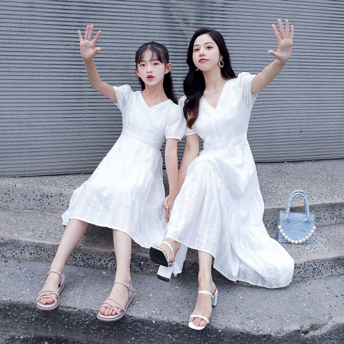 網紅親子裝2025新款潮夏裝母女裝棉布連衣裙時尚韓版洋氣白色裙子