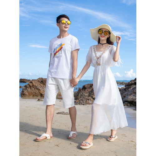 雲南三亞民族風親子裝夏裝一家三四口白色雪紡連衣裙洋氣母女裝仙