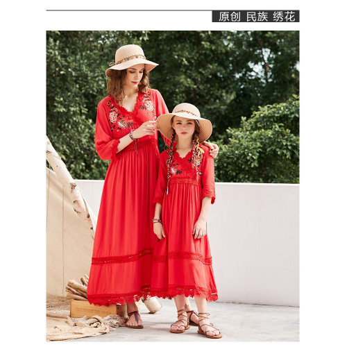 親子裝連衣裙夏季長裙紅色草原沙漠女童裙子母女裝海邊度假沙灘裙