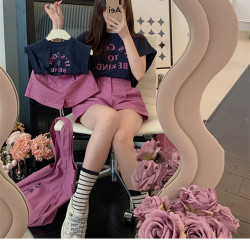 韓版可愛親子裝夏款母女裝22洋氣字母T恤濶腿短褲套裝兩件套夏裝