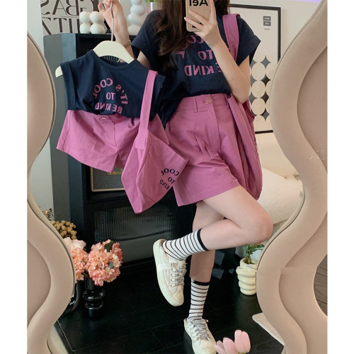 韓版可愛親子裝夏款母女裝22洋氣字母T恤濶腿短褲套裝兩件套夏裝