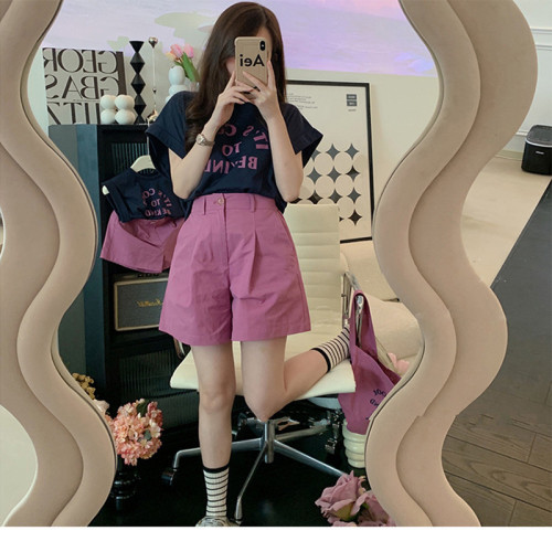 韓版可愛親子裝夏款母女裝22洋氣字母T恤濶腿短褲套裝兩件套夏裝