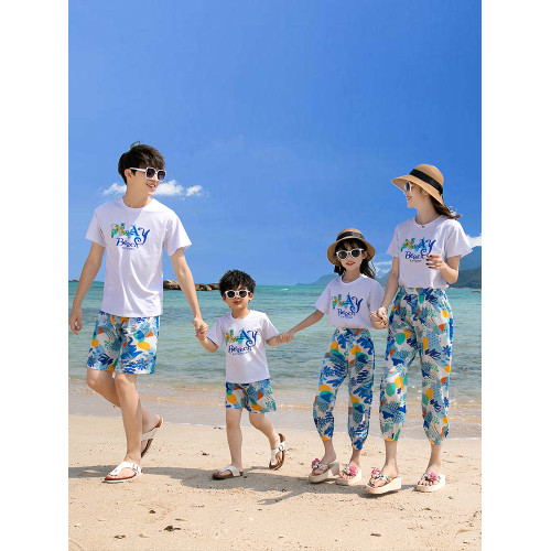 親子裝一家三四口三亞海邊旅遊度假沙灘短袖T恤男套裝連衣裙夏裝