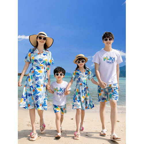 親子裝一家三四口三亞海邊旅遊度假沙灘短袖T恤男套裝連衣裙夏裝