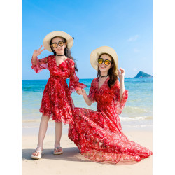 高級沙灘親子裝一家三四口母女海邊度假雪紡連衣裙休閒父子套裝男