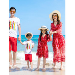 三亞雲南海邊度假親子裝母女連衣裙夏一家三四口紅色雪紡沙灘長裙