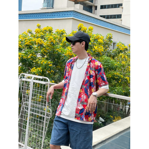 海南度假親子裝花襯衫套裝2024新款輕薄透氣男童花襯衣短袖翻領潮