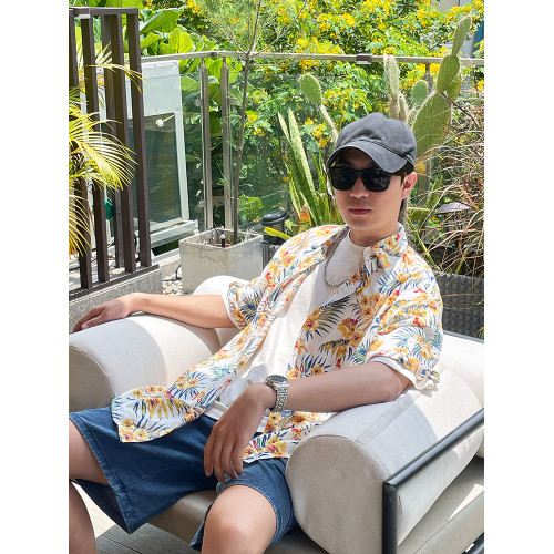 海南度假親子裝花襯衫套裝2024新款輕薄透氣男童花襯衣短袖翻領潮