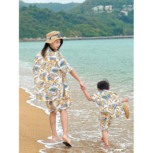 海南度假親子裝花襯衫套裝2024新款輕薄透氣男童花襯衣短袖翻領潮