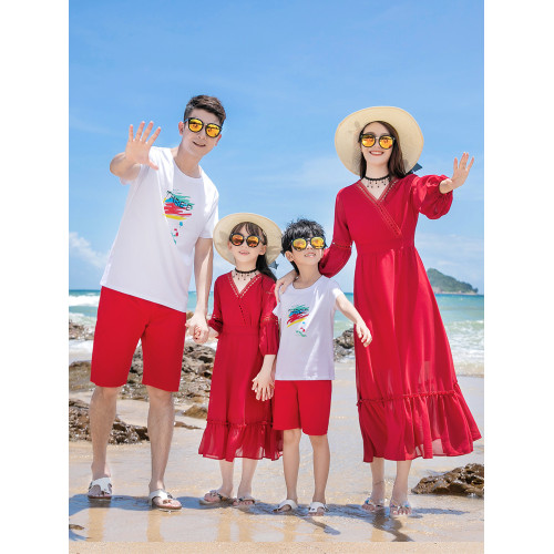 高級親子裝夏季一家三四口家庭裝海邊度假波西米亞沙灘雪紡連衣裙
