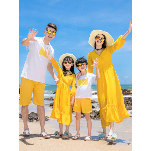 高級親子裝夏季一家三四口家庭裝海邊度假波西米亞沙灘雪紡連衣裙