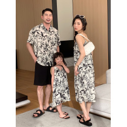親子裝一家三口夏季母子海邊度假印花襯衫母女速乾薄款沙灘連衣裙