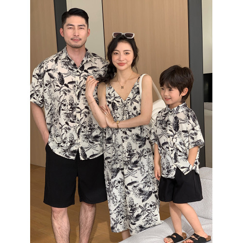 親子裝一家三口夏季母子海邊度假印花襯衫母女速乾薄款沙灘連衣裙