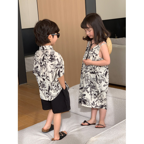 親子裝一家三口夏季母子海邊度假印花襯衫母女速乾薄款沙灘連衣裙