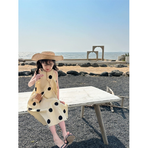 米素童裝夏季新款沙灘海邊氣質長裙女童波點無袖洋氣掛脖連衣裙子