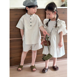 兄妹裝兒童夏裝姐弟裝短袖親子裝連衣裙夏季龍鳳胎純棉襯衫套裝潮