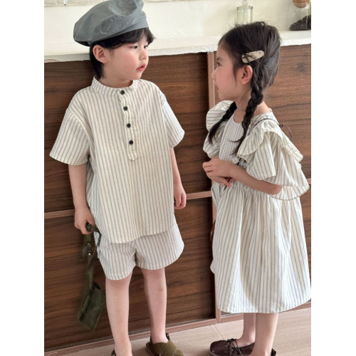 兄妹裝兒童夏裝姐弟裝短袖親子裝連衣裙夏季龍鳳胎純棉襯衫套裝潮