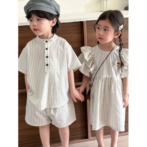 兄妹裝兒童夏裝姐弟裝短袖親子裝連衣裙夏季龍鳳胎純棉襯衫套裝潮