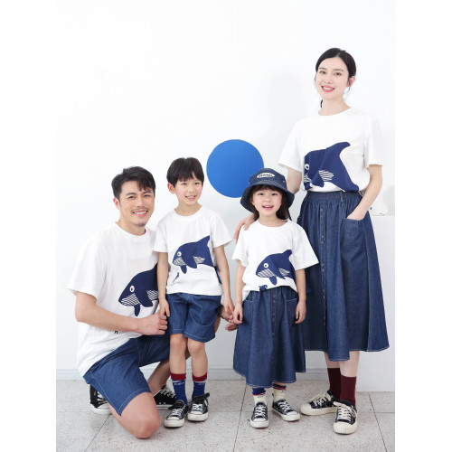 2025夏裝新款純棉寬松洋氣鯨魚T恤親子裝/高級一家三口四口全家裝