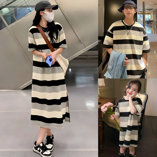 高級炸街親子裝夏裝2025新款母女連衣裙子一家三口四母子夏季套裝