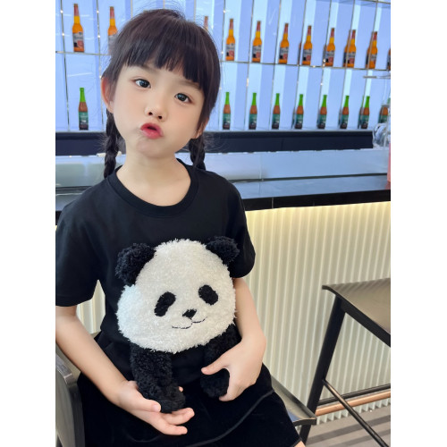 可愛動物圖案立體熊貓t恤兒童夏裝親子裝男寶寶短袖上衣男童女童