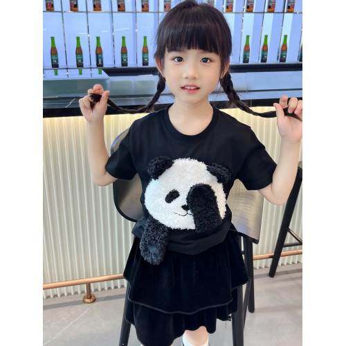 可愛動物圖案立體熊貓t恤兒童夏裝親子裝男寶寶短袖上衣男童女童