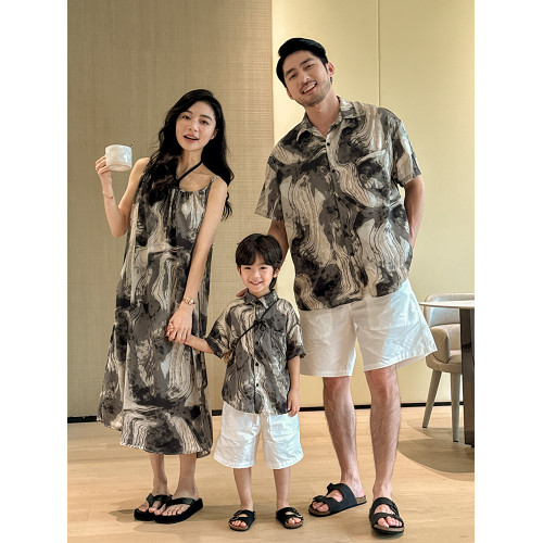 親子裝短袖夏季一家三四口海邊沙灘雪紡襯衫半袖母女裝吊帶連衣裙