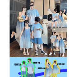 高級親子裝一家三口夏裝母子母女裝小月齡嬰兒短袖T恤漸變連衣裙