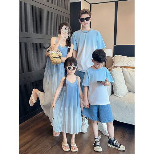 高級親子裝一家三口夏裝母子母女裝小月齡嬰兒短袖T恤漸變連衣裙