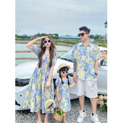 度假風親子裝2025新款夏天海邊一家三口四口襯衫母子母女裝連衣裙