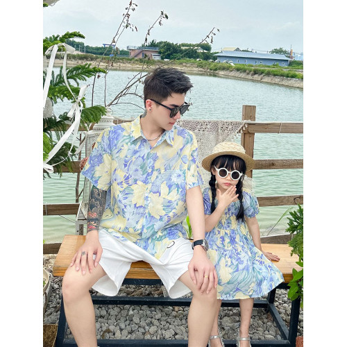 度假風親子裝2025新款夏天海邊一家三口四口襯衫母子母女裝連衣裙