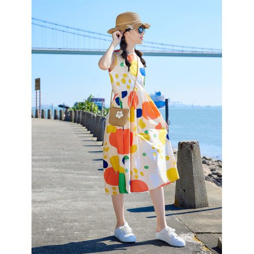 女童度假連衣裙夏裝2025新洋氣親子裝母女碎花裙中大童沙灘背心裙