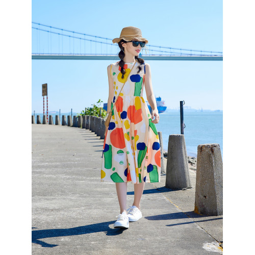 女童度假連衣裙夏裝2025新洋氣親子裝母女碎花裙中大童沙灘背心裙