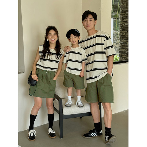 親子裝短袖夏季一家三四口條紋Tt衫全家裝母女裝短褲半袖露臍裝潮