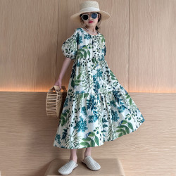 波拉BOLA中大女童綠色印花連衣裙寬松大碼旅遊度假泡泡袖親子裝裙