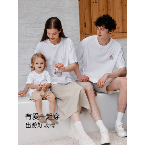 Oak Family夏季親子裝液態棉T恤兒童白小t寬松冰絲印花薄款上衣