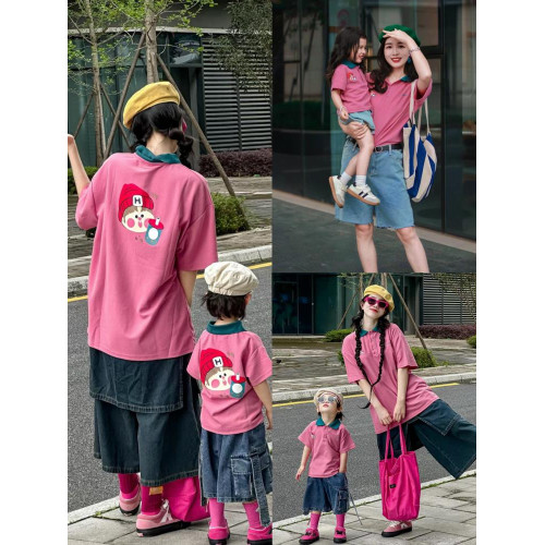 親子裝母女款POLO衫炸街母子短袖一家三口四口t恤多巴胺姐弟裝T