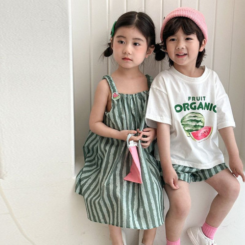兄妹裝兒童夏季女童親子裝吊帶裙海邊度假男童純棉洋氣龍鳳胎套裝