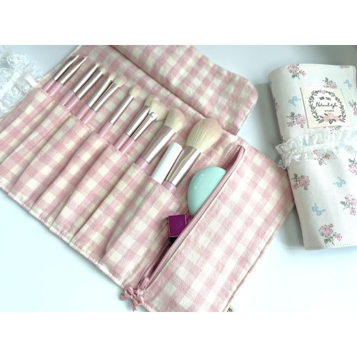 原創手作溫柔碎花蕾絲花邊化妝刷收納包筆袋卷簾收納包韓國進口布